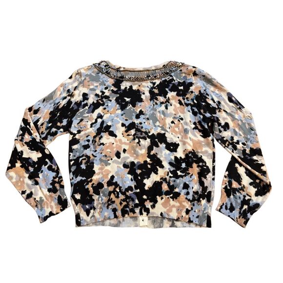 Anthropologie HWR Monogram Beaded Collar Crop Cardigan Sweater Abstract Pattern - Picture 2 of 14